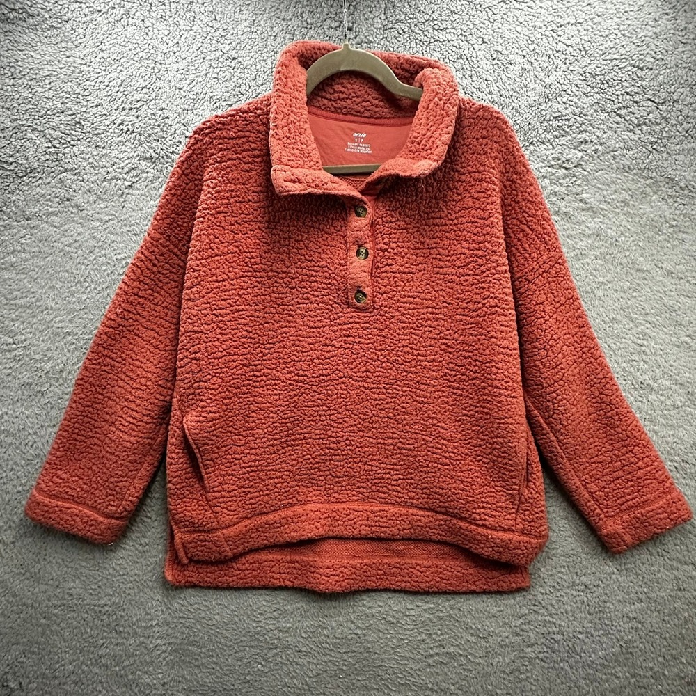 Aerie Women's Small Sherpa Fleece Quarter Button Pullover Terracotta Orange Soft